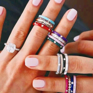 NEW Unisex‎ White Ceramic Pave Diamond Sterling Silver Band Ring, Size 6